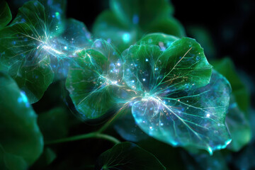 Natural macro view of glowing green leaves with ethereal light effects at night