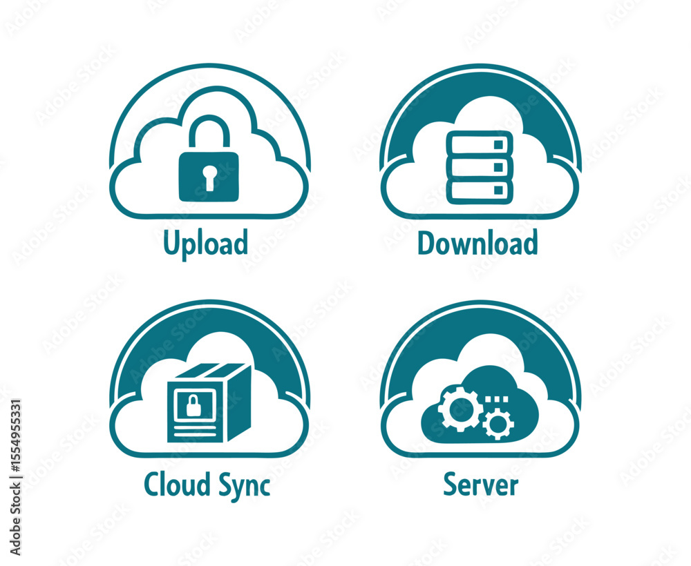 Poster four cloud computing icons for upload download sync and server.