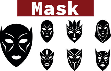 Collection of 7 stylized black tribal masks with white accents isolated on transparent background 