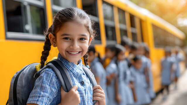 Young little school girl boarding school bus wearing backpack. Back to school and Educational concept - Powered by Adobe