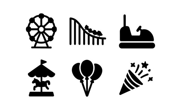 Amusement park icons: ferris wheel, roller coaster, bumper car, carousel, balloons, and confetti