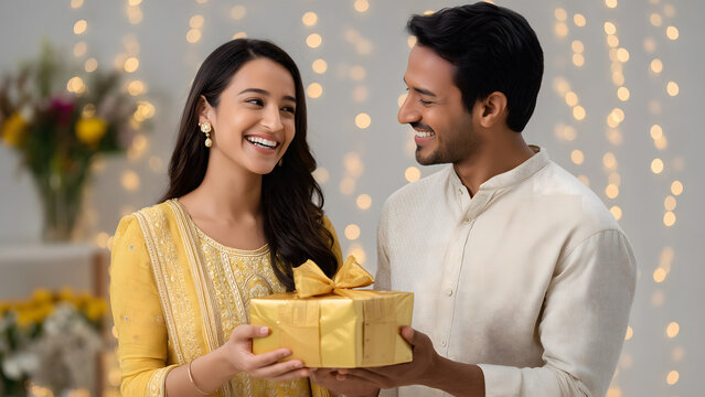 Happy Indian sister receiving gift from brother during Raksha Bandhan festival at home. Indian culture, sibling and brother sister bond