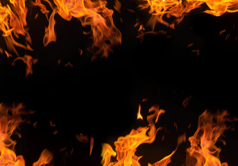 Realistic burning flames surrounding frame edges on transparent background. Isolated...
