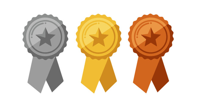 Gold, Silver, and Bronze Star Award Ribbons Set. The ribbons hang below the circular rosettes, symbolizing first, second, and third place achievements