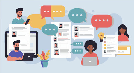 Fototapeta premium Illustration of diverse users collaborating online with speech bubbles, profiles, and digital documents. virtual meetings, team discussions, remote work, and information exchange