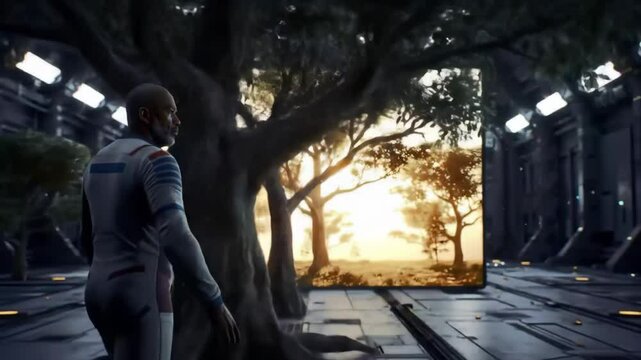 A man watches a holodeck create a savanna landscape in a spaceship.