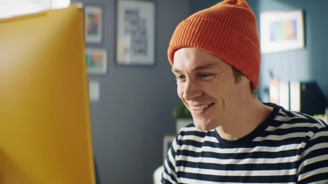 A Man, creative and typing at computer with smile, digital animator and software for design at desk. Productivity, happiness and keyboard with visual effects or animation process at startup workplace