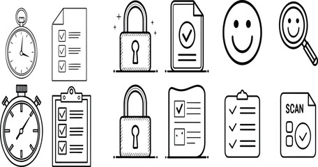 Black and white vector icon set with various symbols like lock, phone, and fuel for web and mobile design