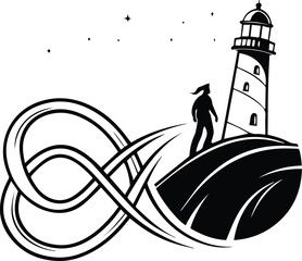 Vector illustration of a vintage lighthouse on a beach at night with artistic sketch and grunge design style