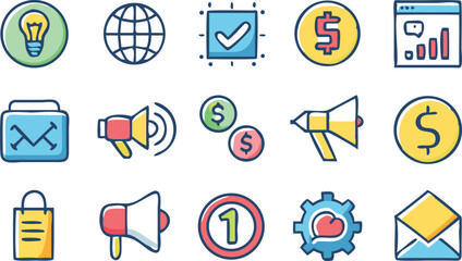 Collection of Colorful Business and Marketing Icons A Versatile Set for Your Projects