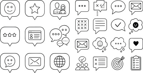 A set of hand-drawn vector icons for web design, featuring symbols for the internet, communication, social media, and technology