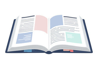 Open textbook with colored sections and bookmark on white background, minimalist style, copy space, concept image
