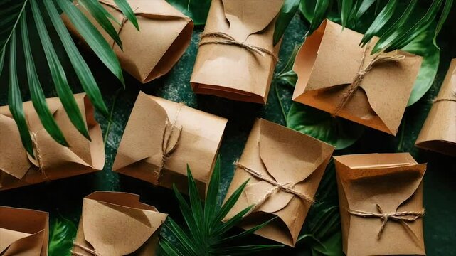 Eco-friendly kraft paper packages tied with twine, nestled amongst lush tropical foliage