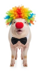 pig dressed as a clown with a colorful wig, red nose, and bow tie. Humorous and surreal animal portrait on white background