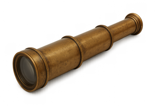 Vintage brass telescope sitting atop transparent surface, evoking nautical exploration and adventurous maritime discoveries