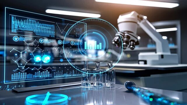 Futuristic laboratory interior with interactive display and scientific equipment.