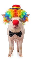 pig dressed as a clown with a colorful wig, red nose, and bow tie. Humorous and surreal animal portrait on white background