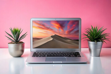 Modern laptop displaying desert dunes landscape next to potted plants on pink background