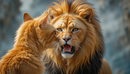Fototapeta premium Close-up portrait of a majestic wild lion with a striking mane, a powerful predator of the jungle