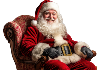 Santa Claus sitting comfortably in a festive chair, spreading joy and cheer during the holiday season, with a warm smile and traditional red attire