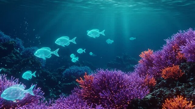 futuristic underwater world glows with holographic fish and radiant coral. 4K footage