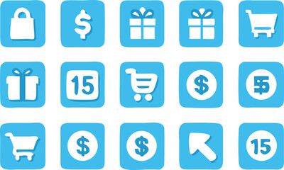 E-commerce Shopping Cart Icons A Collection of Blue Square Gift, Dollar, and Shopping Cart Icons for Website and App Design