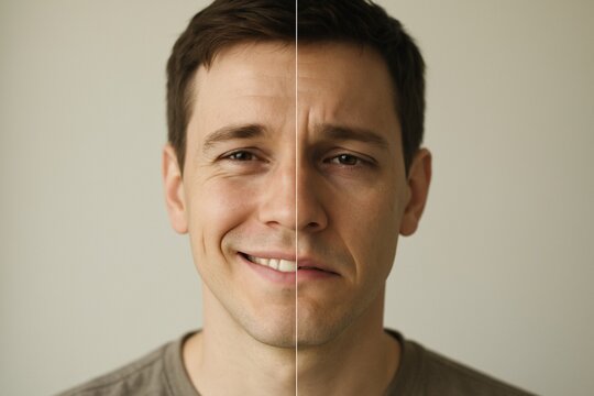 A man displays happiness and sadness in a split-screen composition, showing contrasting emotions.
