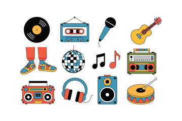 Retro Music Icon Set Cassette Tape Vinyl Record Boombox Headphones Microphone Guitar Disco Ball