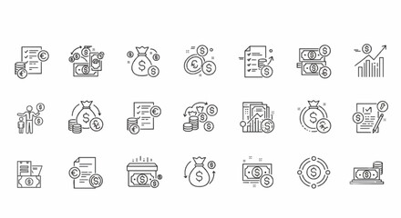 Financial Management Line Icons Set - Money, Banking, Investment and Business Vector Collection