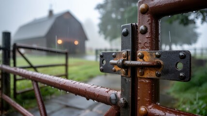 Close-up of a rusty gate lock on a wooden fence with a barn in the foggy background, capturing a rainy farm atmosphere.