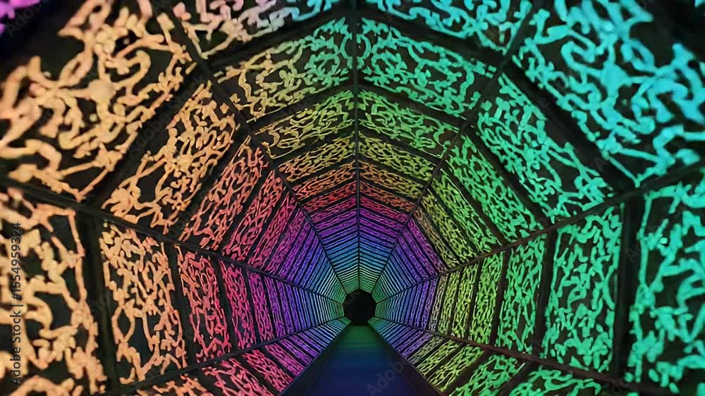Poster colorful kaleidoscopic tunnel with intricate patterns illuminated by vibrant rainbow hues and a dark