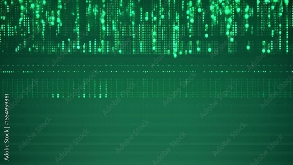 Poster futuristic digital technology stream featuring green flickering dots and code visuals for cyber secu