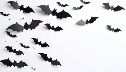 Fototapeta premium Black paper bats arranged on a white background creating a decorative Halloween scene.