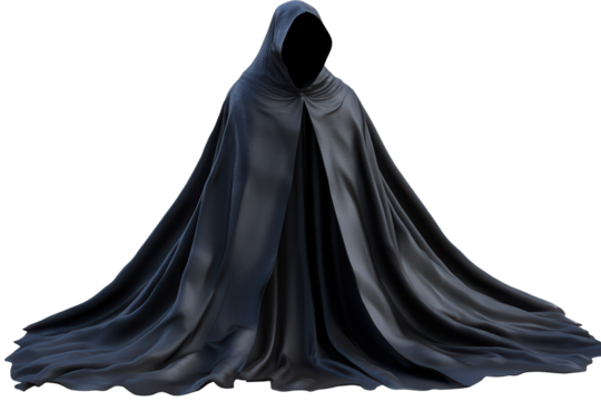 Cloak with hood stands alone against a transparent background showcasing its elegant draping and mysterious allure