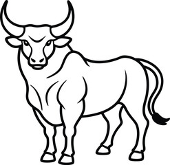Minimalist Bull Line Art with Muscular Build and Sharp Horns