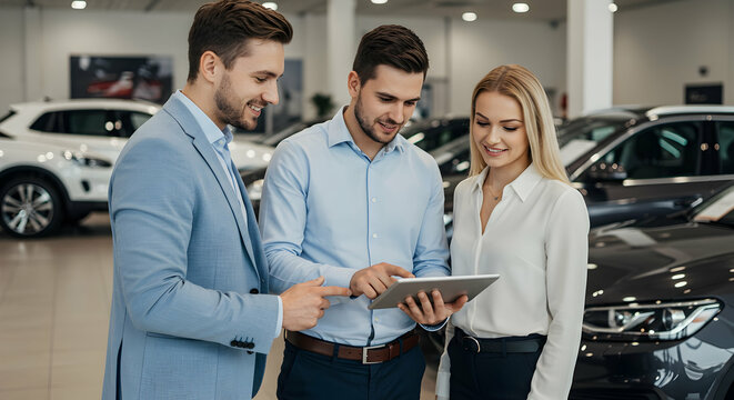 Happy customers choosing a new car at dealership showroom best car buying experience - Powered by Adobe
