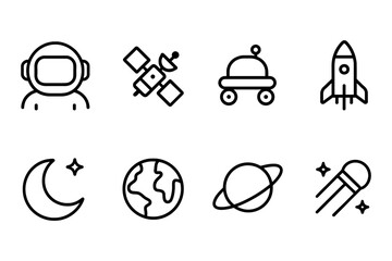 Space exploration icons featuring astronaut, rocket, satellite, and celestial elements, vector illustration