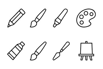 Art tools and painting equipment outline set, vector illustration