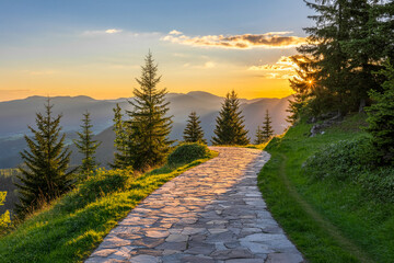 Winding Stone Mountain Path at Sunset with Evergreen Trees and Distant Peaks (2)