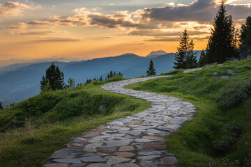 Winding Stone Mountain Path at Sunset with Evergreen Trees and Distant Peaks (2)