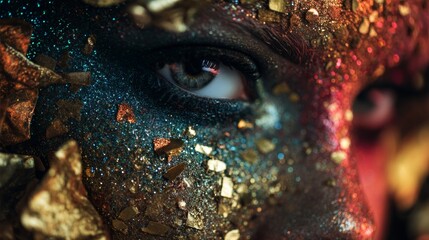 Closeup portrait of woman with golden and blue glitter face paint in dramatic light