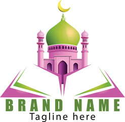 Islamic Book store Logo Vector with Mosque and Holy Book