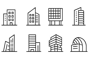 Fototapeta premium Modern architectural building icons set with minimalist line design, vector illustration