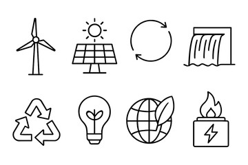 Naklejka premium Sustainable energy icons: wind, solar, recycling, global renewable concepts, vector illustration
