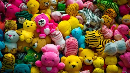 Bright colorful plush stuffed animals in crowded display with happy playful soft texture