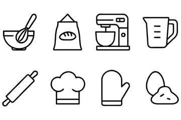 Baking essentials line icons set featuring mixer and baking tools, vector illustration