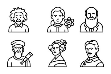 Fototapeta premium Famous scientists and inventors icons set in simple line style, vector illustration