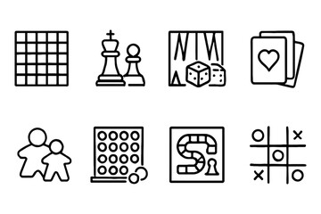 Classic board and card games icon set featuring chess, cards, tic tac toe, vector illustration