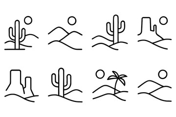 Minimalist desert landscapes with cactus and mountain line drawings, vector illustration