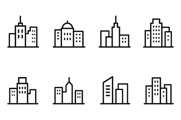 Minimalist cityscape building set featuring urban skylines in line art style, vector illustration